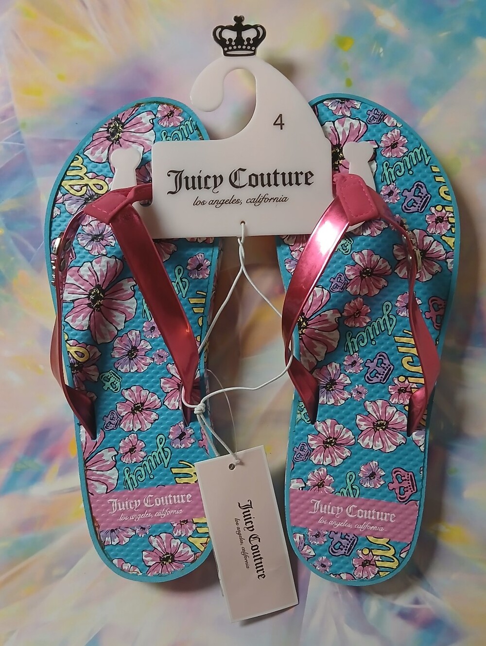 Juicy Couture Pink and Teal Floral Flip Flops